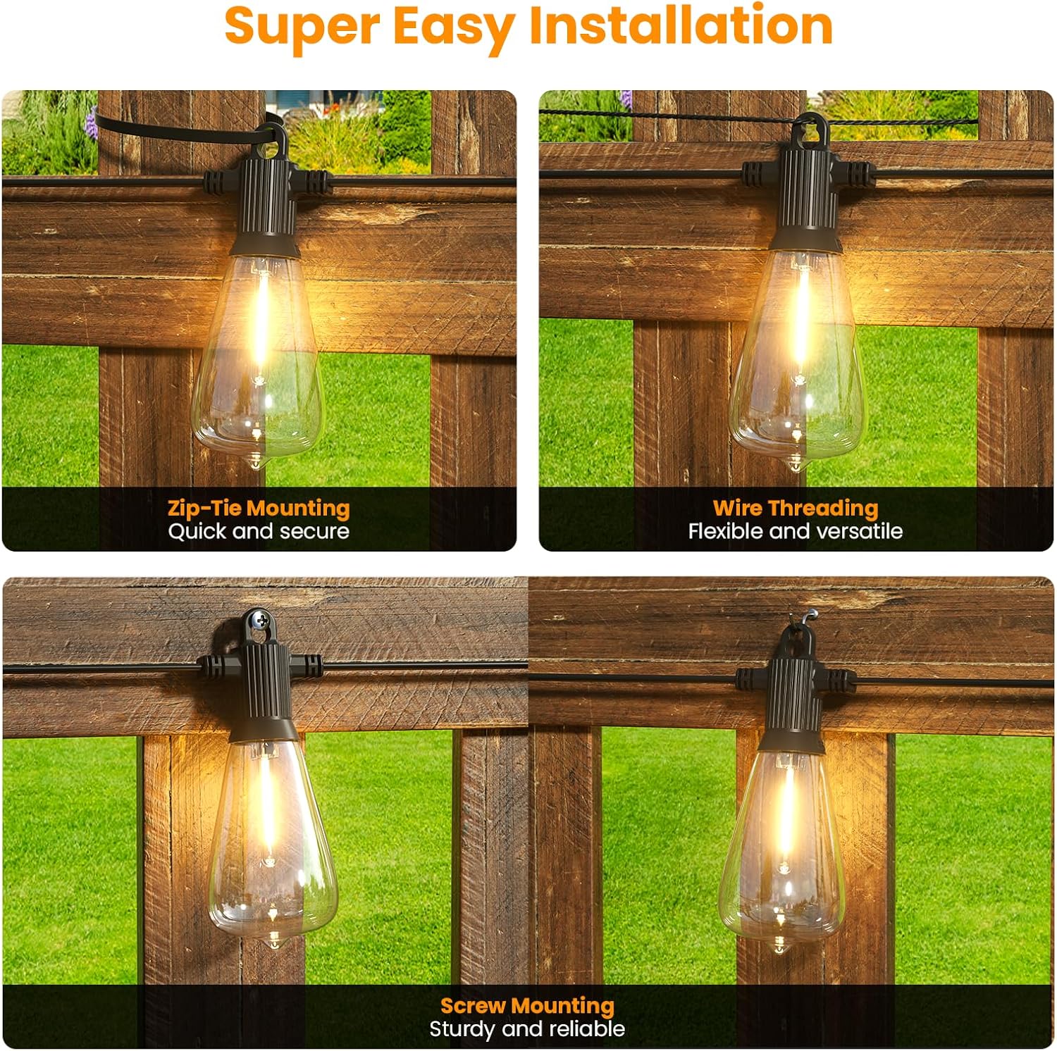 Kawaya Outdoor String Lights for Patio - ST38 Outside IP64 Waterproof Hanging Light with 2700k~6000k Dimmable - 100FT Led Edison Lights for Cafe Bistro Yard Gazebo Porch